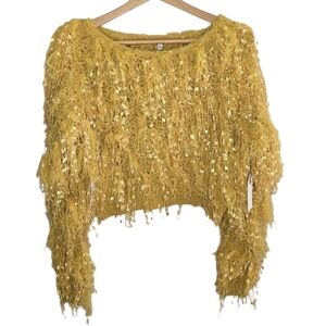 NWT Ivory Rose | Mustard Yellow Fuzzy Fringe Furry Cropped Sweater Size Small